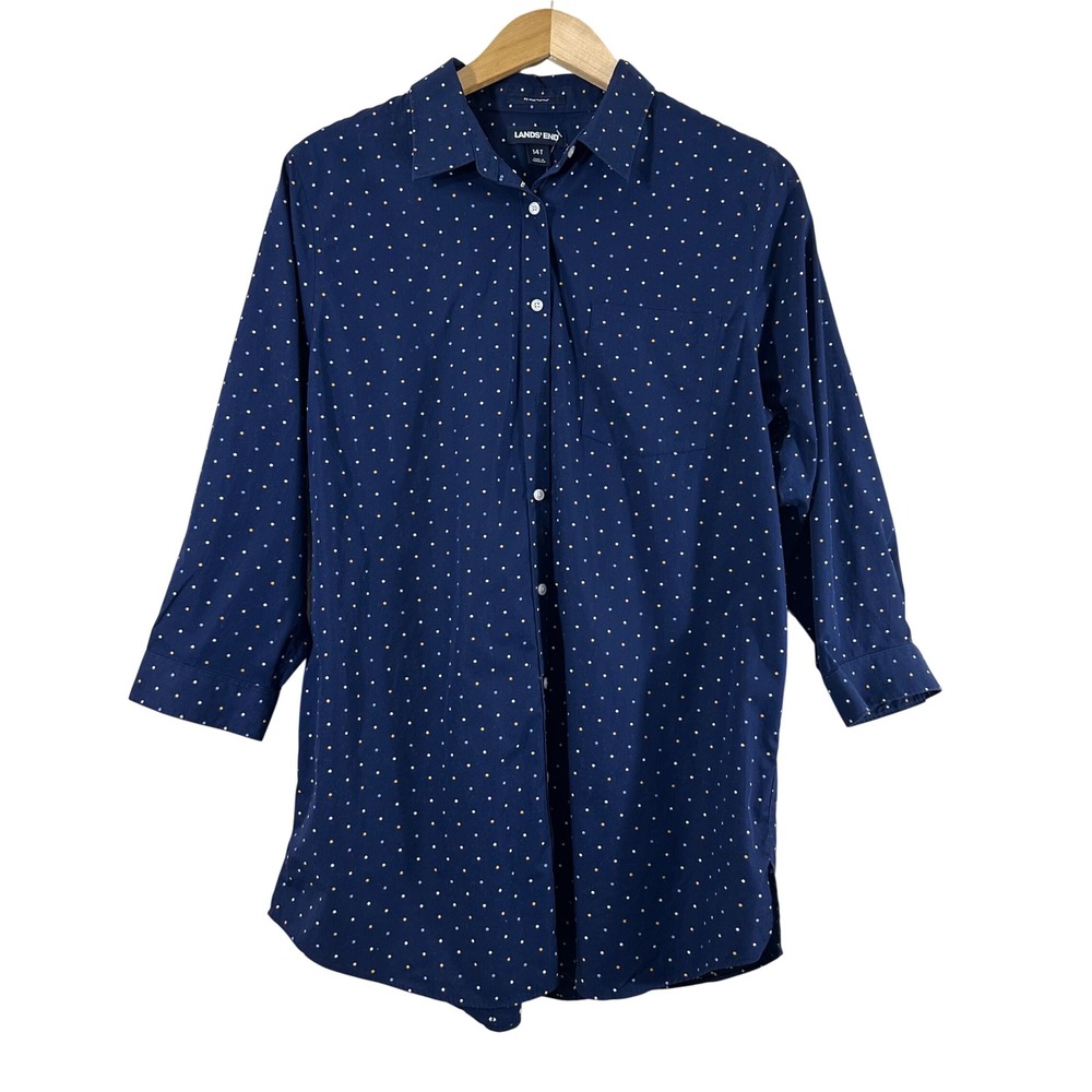 Lands'End Women's Button Down Shirt Blue Polka Dots 100%‎ Supima Cotton Size 14T